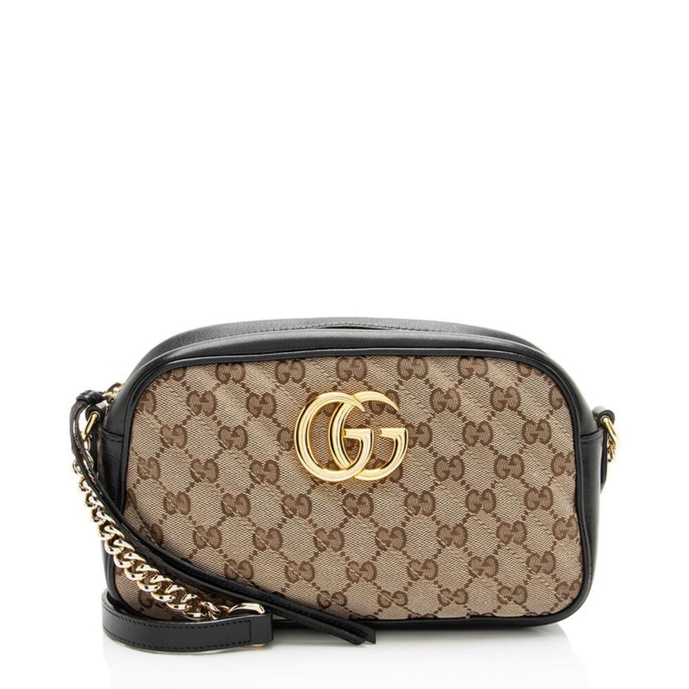 Gucci GG Marmont Beige Brown Monogram Camera Bag with Black Trim